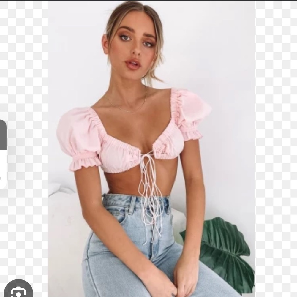 Beginning Boutique Pink Cropped Tie top with puffy sleeves size AU 8/ US 4